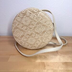 Lionel Handbags Round Woven Straw Crossbody Bag Beige Geometric Canteen Purse